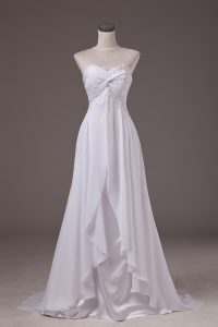 White Sleeveless Chiffon Sweep Train Lace Up Wedding Dress for Wedding Party