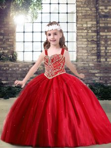 Exquisite Red Ball Gowns Beading Little Girl Pageant Dress Lace Up Tulle Sleeveless Floor Length