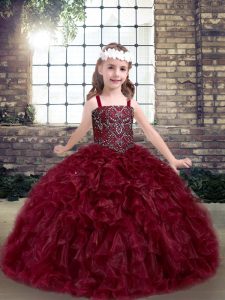 Burgundy Organza Lace Up Girls Pageant Dresses Sleeveless Floor Length Beading and Ruffles