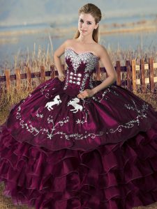 Purple Lace Up Quinceanera Gown Embroidery and Ruffles Sleeveless Floor Length