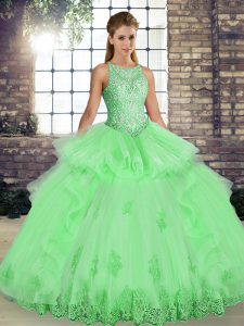 Latest Tulle Scoop Sleeveless Lace Up Lace and Embroidery and Ruffles 15 Quinceanera Dress in