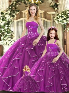 Floor Length Purple Quince Ball Gowns Strapless Sleeveless Lace Up