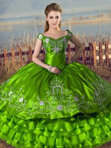 Green Off The Shoulder Lace Up Embroidery and Ruffled Layers Quinceanera Gown Sleeveless