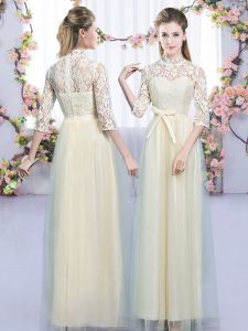 Champagne Half Sleeves Floor Length Lace and Bowknot Zipper Wedding Guest Dresses