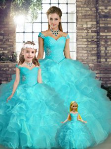 Discount Aqua Blue Lace Up Off The Shoulder Beading and Ruffles Quinceanera Gown Organza Sleeveless