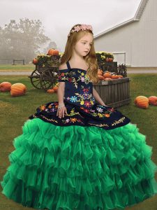 Embroidery Little Girls Pageant Dress Green Lace Up Sleeveless Floor Length