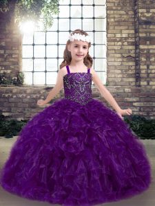 New Style Eggplant Purple Sleeveless Floor Length Beading and Ruffles Lace Up Glitz Pageant Dress