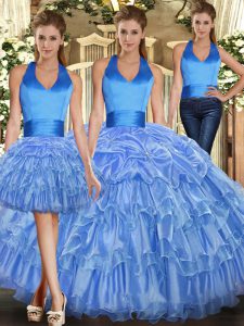 Halter Top Sleeveless Quinceanera Gown Ruffles and Pick Ups Lace Up