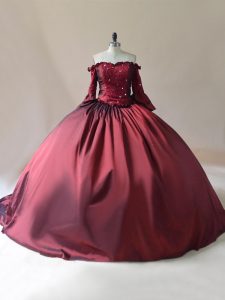 Custom Made Satin Off The Shoulder Long Sleeves Brush Train Lace Up Beading Sweet 16 Dresses in Burgundy