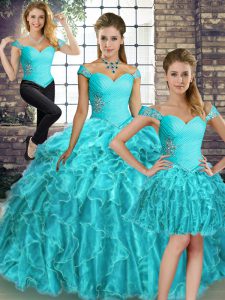 Sumptuous Aqua Blue Lace Up Quinceanera Gowns Beading and Ruffles Sleeveless Brush Train