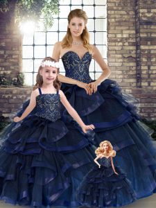 Ball Gowns Quinceanera Dresses Navy Blue Sweetheart Tulle Sleeveless Floor Length Lace Up