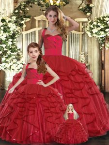 Sophisticated Red Tulle Lace Up 15th Birthday Dress Sleeveless Floor Length Ruffles