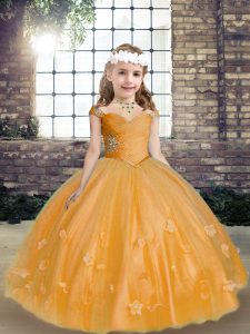 Ball Gowns Pageant Dress for Girls Gold Straps Tulle Sleeveless Floor Length Lace Up