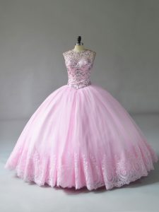 Exceptional Beading and Appliques Ball Gown Prom Dress Baby Pink Lace Up Sleeveless Floor Length