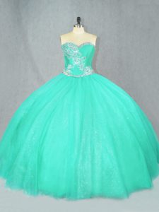 Turquoise Lace Up Sweetheart Beading 15 Quinceanera Dress Tulle Sleeveless