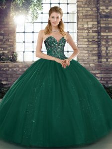 Clearance Peacock Green Tulle Lace Up Sweetheart Sleeveless Floor Length Vestidos de Quinceanera Beading