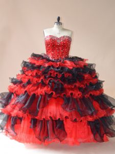 Ball Gowns Quince Ball Gowns Red And Black Sweetheart Organza Sleeveless Floor Length Lace Up