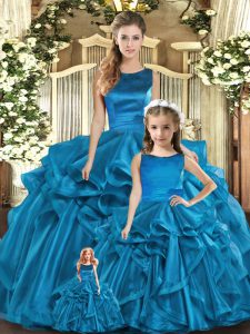 Teal Ball Gowns Organza Scoop Sleeveless Ruffles Floor Length Lace Up Quince Ball Gowns