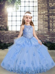 Gorgeous Lavender Sleeveless Floor Length Appliques Lace Up Pageant Gowns For Girls