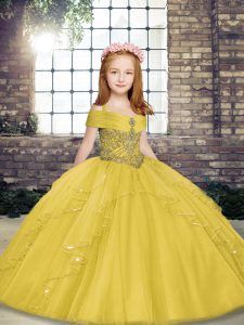 Custom Design Yellow Tulle Lace Up Straps Sleeveless Floor Length Girls Pageant Dresses Beading