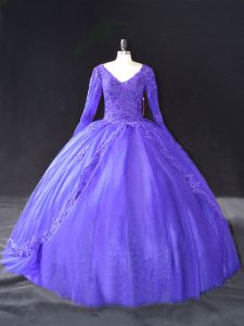 Popular Purple Lace Up Sweet 16 Dress Lace and Appliques Long Sleeves Floor Length