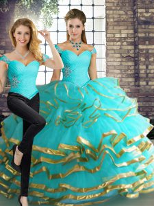 On Sale Aqua Blue Two Pieces Beading and Ruffled Layers Vestidos de Quinceanera Lace Up Tulle Sleeveless Floor Length