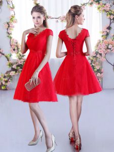 Perfect Mini Length Lace Up Wedding Party Dress Red for Wedding Party with Lace