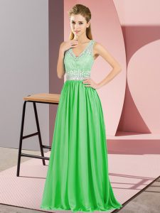 Sleeveless Chiffon Floor Length Backless Prom Dress in with Beading and Lace and Appliques