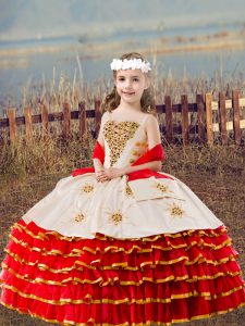Popular Beading and Embroidery and Ruffled Layers Girls Pageant Dresses Red Lace Up Sleeveless Floor Length