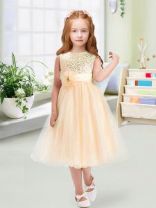 Hot Selling Organza Sleeveless Tea Length Flower Girl Dresses for Less and Sequins and Hand Made Flower