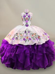 Unique Sleeveless Organza Floor Length Lace Up Quinceanera Dresses in White And Purple with Embroidery