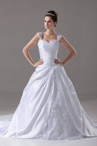 Comfortable White Sleeveless Brush Train Beading and Appliques Wedding Gown
