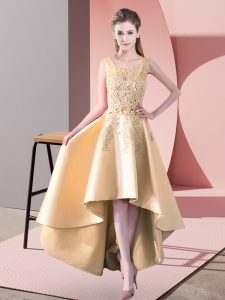 Gold A-line Satin Scoop Sleeveless Lace High Low Zipper Wedding Guest Dresses