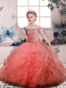 Trendy Off The Shoulder Sleeveless Tulle Child Pageant Dress Beading and Ruffles Lace Up