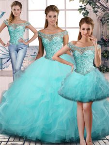 Graceful Aqua Blue Ball Gowns Tulle Off The Shoulder Sleeveless Beading and Ruffles Lace Up Quinceanera Gown