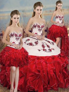 Luxurious Ball Gowns Quinceanera Dress White And Red Sweetheart Organza Sleeveless Floor Length Lace Up