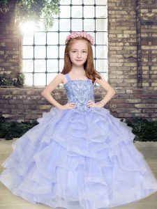 Floor Length Lace Up Pageant Gowns For Girls Lavender for Party and Wedding Party with Beading and Ruffles