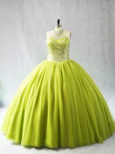 Fine Sleeveless Tulle Lace Up Vestidos de Quinceanera in Yellow Green with Beading