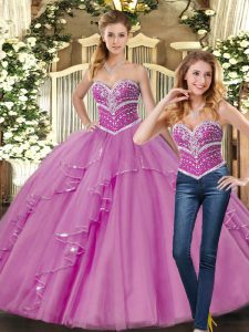 Lilac Ball Gowns Tulle Sweetheart Sleeveless Beading Floor Length Lace Up Quinceanera Dresses