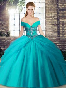 Delicate Sleeveless Tulle Brush Train Lace Up Quinceanera Dresses in Teal with Beading and Pick Ups