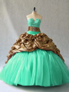 Beading and Pick Ups Quinceanera Gown Aqua Blue and Turquoise Lace Up Sleeveless Brush Train