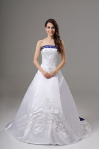 White Wedding Gown Wedding Party with Beading and Embroidery Strapless Sleeveless Brush Train Lace Up
