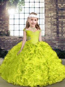 Lovely Yellow Green Lace Up Straps Beading Pageant Dress Womens Organza and Fabric With Rolling Flowers Sleeveless