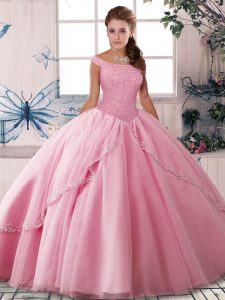 Sumptuous Rose Pink Ball Gowns Beading Sweet 16 Dress Lace Up Tulle Sleeveless