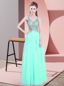 Popular Apple Green Sleeveless Floor Length Beading Zipper Dress for Prom