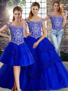 Perfect Royal Blue Ball Gown Prom Dress Off The Shoulder Sleeveless Brush Train Lace Up
