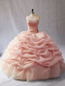 Fashion Beading and Pick Ups Quinceanera Gowns Peach Lace Up Sleeveless Floor Length