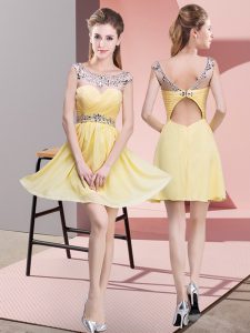 Traditional Scoop Sleeveless Club Wear Mini Length Beading and Ruching Yellow Chiffon