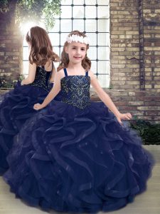 Straps Sleeveless Pageant Dress for Teens Floor Length Beading and Ruffles Navy Blue Tulle