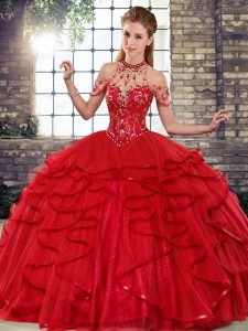 Free and Easy Floor Length Ball Gowns Sleeveless Red Quinceanera Gowns Lace Up